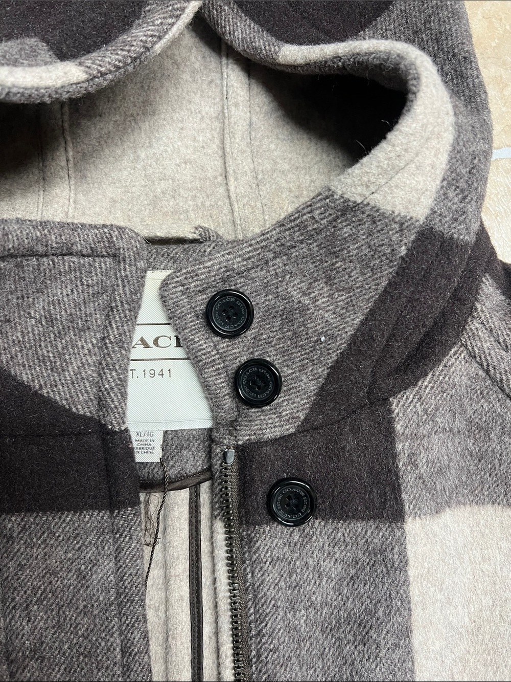 Coach Hooded Plaid Wool-Blend Pea Coat in Brown & Gray - Picture 5 of 5